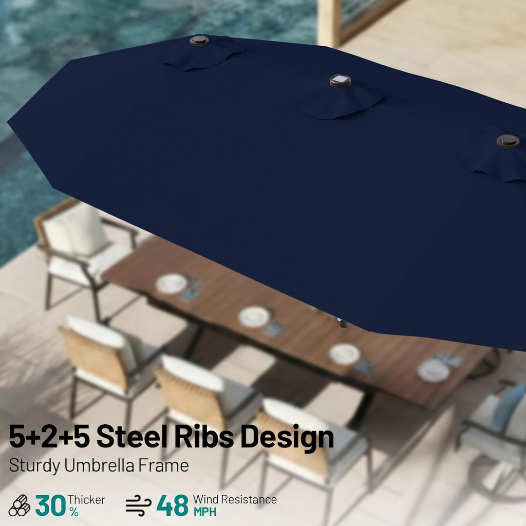 13 FT Patio Umbrella with Solar Lights, Double-Sided Outdoor Table Umbrellas with Crank