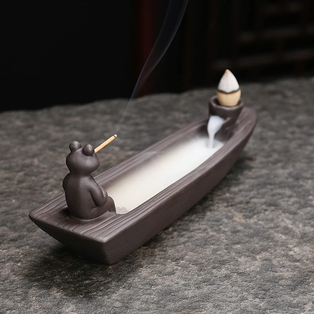 Frog Incense Holder Waterfall - Ceramic Cone Backflow Incense Burner Smoke Fountain, Back Flowing Incense Diffuser - Set of 54
