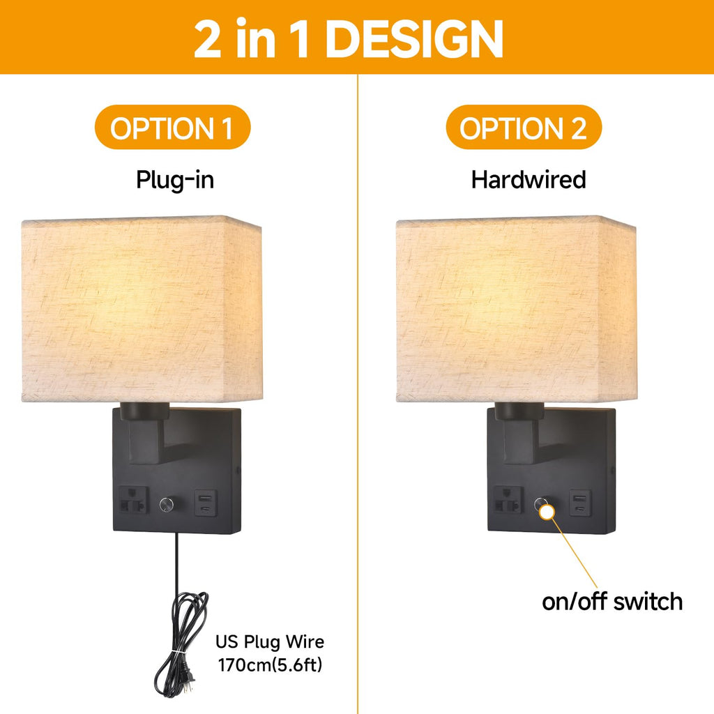 Bedside Wall Lamp, Plug in Wall Sconce - Dimmable Switch with AC Outlet & USB Charging Port, Fabric Shade, Black