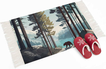 Scandi Mountain Peak Runner Rug Cottagecore Pine Trees Bear Lake Non Slip Floor Mats with Tassels Washable Throw Rugs