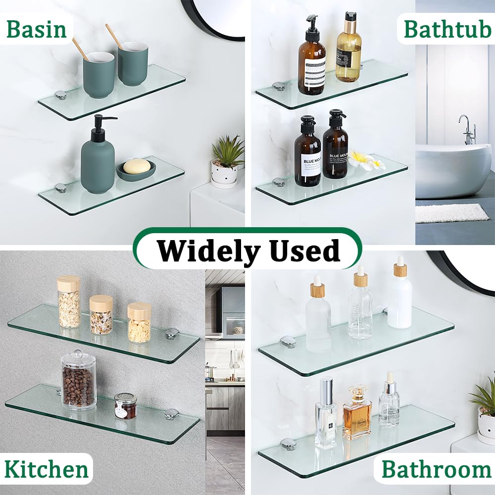 Floating Glass Shelves, Tempered Glass Shelf for Wall 15 x 5 Inch 2 Pack, Clear