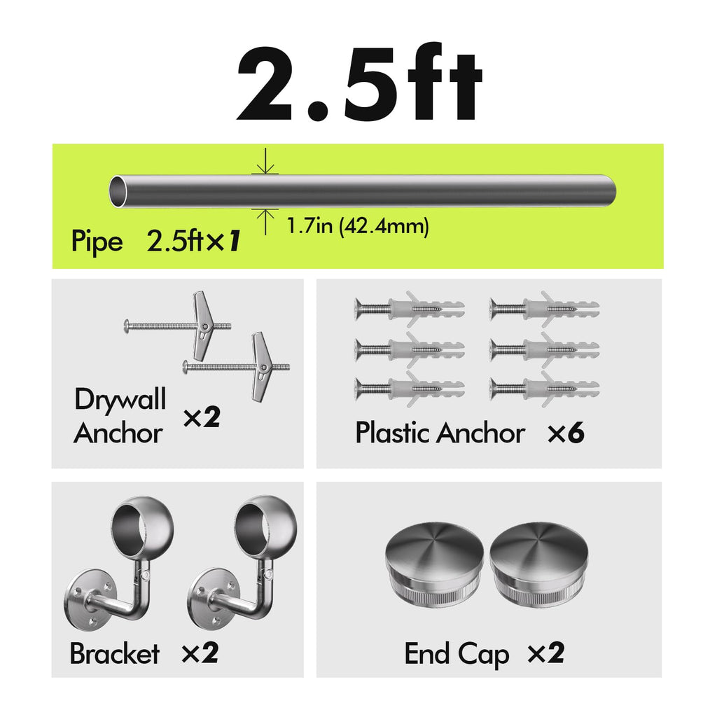 Stair Handrail Kit 2.5FT, Stainless Steel 304 Wall Mount Railing System, 1-11/16 Inch Pipe Secure Grab Hand Rail for