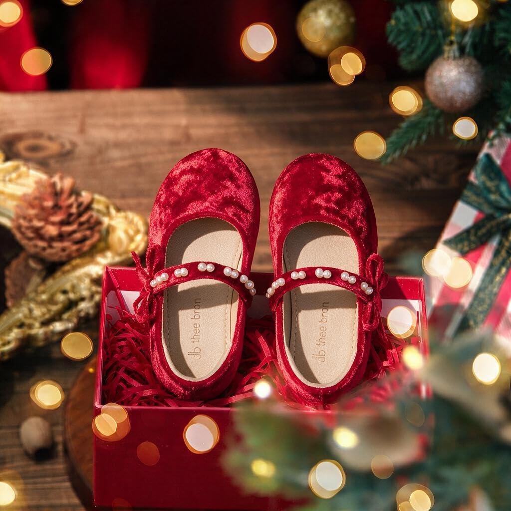 Mary Jane Ballet Flats - Girls' Dress Shoes with Hook & Loop Closure(AF642 Toddler,Velvet Red/ )