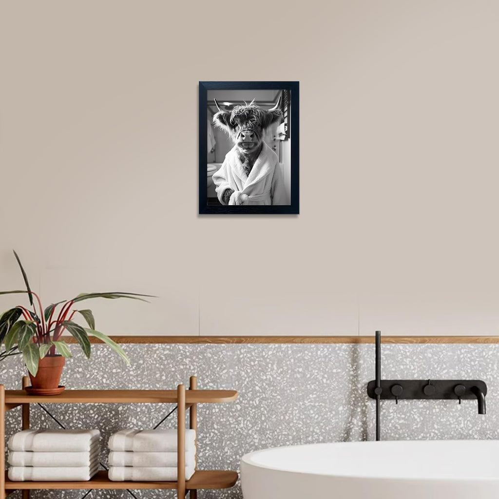 Highland Cow Brushing Teeth Bathroom Wall Decor, Black and White Bathroom Wall Art, Framed Funny Cow Pictures Guest