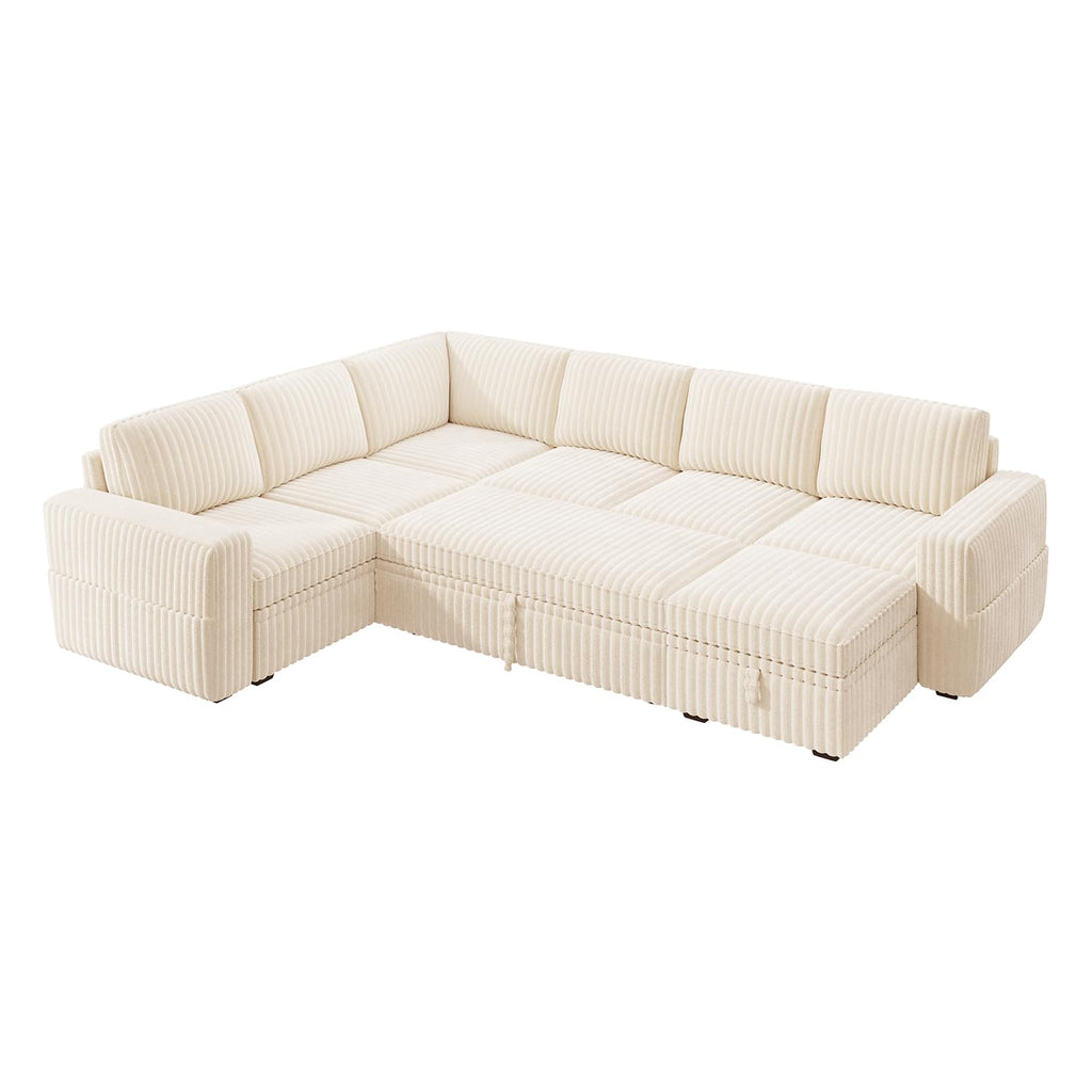 Corduroy U Shaped Sectional Sleeper Sofa with Pull Out Bed, Beige