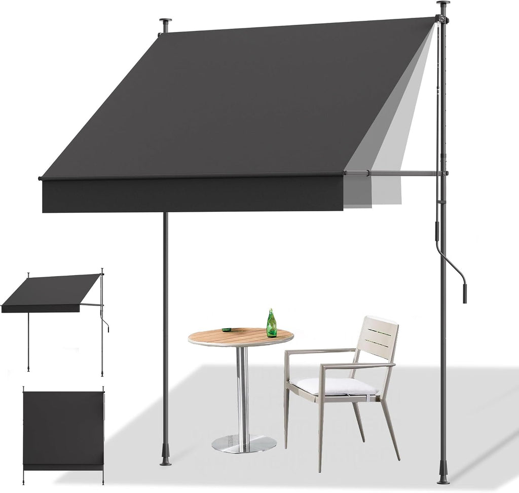 Manual Retractable Awning, 138" W x 118" H Retractable Side Bar 47-59", Outdoor Patio Awnings Height Adjustable