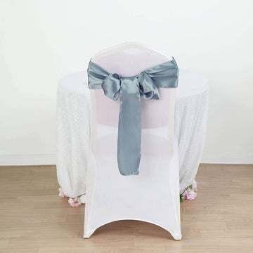 25pcs Dusty Blue Satin Chair Sashes Tie Bows for Wedding Events Decor Chair Bow Sash Party Decoration Supplies 6 x106