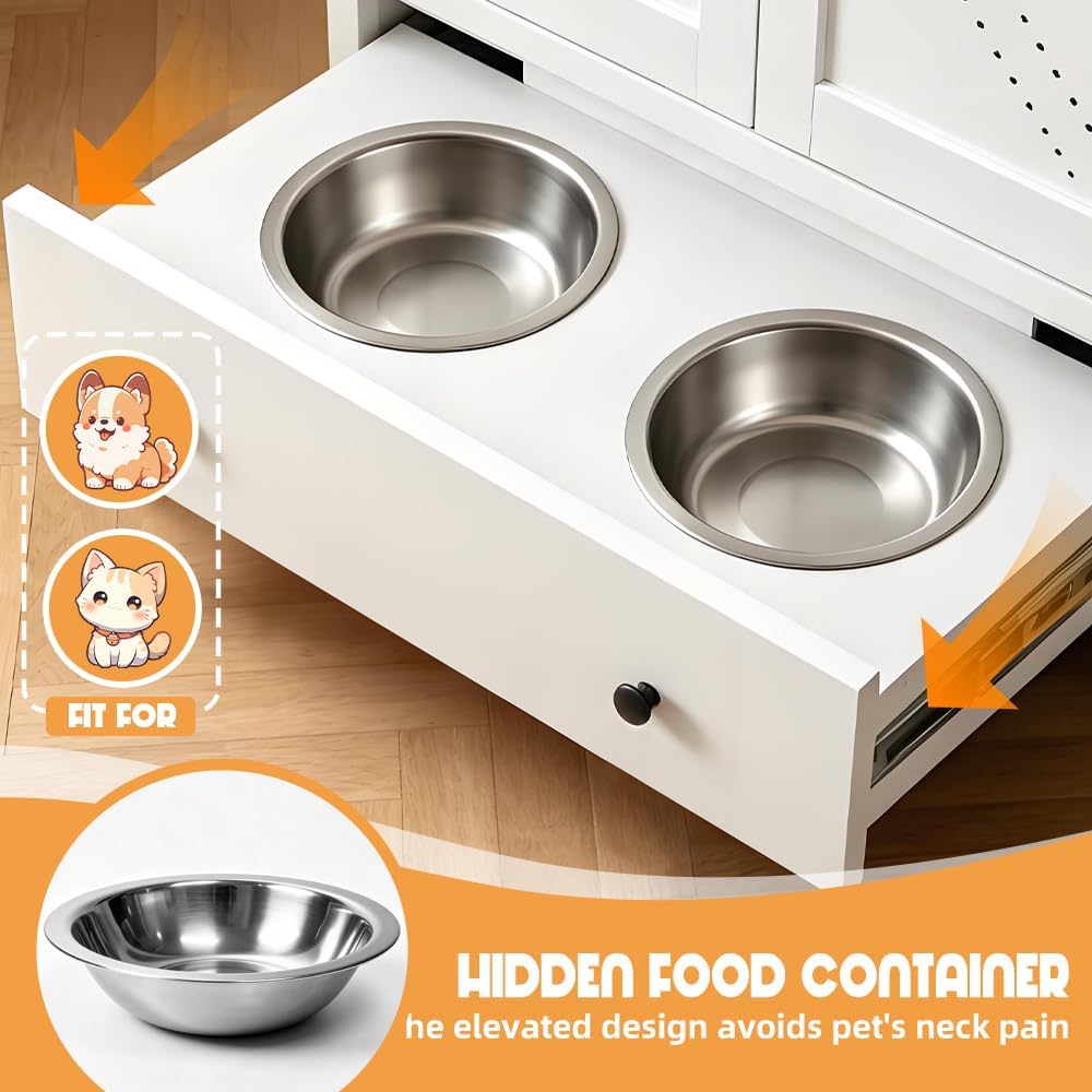 Dog Feeding Station with Storage Cabinet, Metal Pet Feeding Station with Storage, Dog Food Storage Cabinet with 2