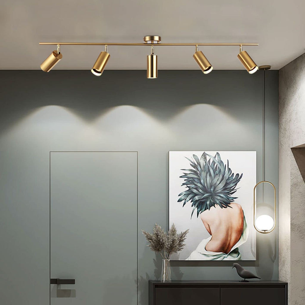 Lighting Modern 5-Lights LED Track Lighting Kit Brushed Brass Kitchen Ceiling Spotlights Light Fixture Mid Century