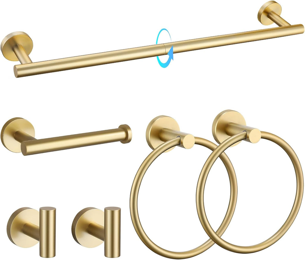 Brushed Gold Bathroom Hardware Set 6-Piece Bathroom Accessory Set 23.6 Inch Round Stainless Steel Towel Bar Set Wall