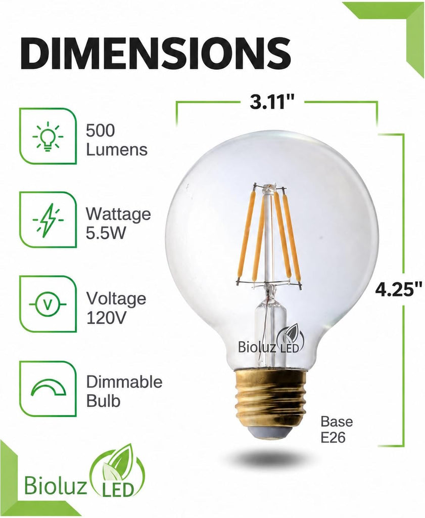 92 CRI G25 Globe Light Bulbs Clear Glass Filament 60W Replacement 5.5W Dimmable 2700K LED Bulb, Low Wattage Regular