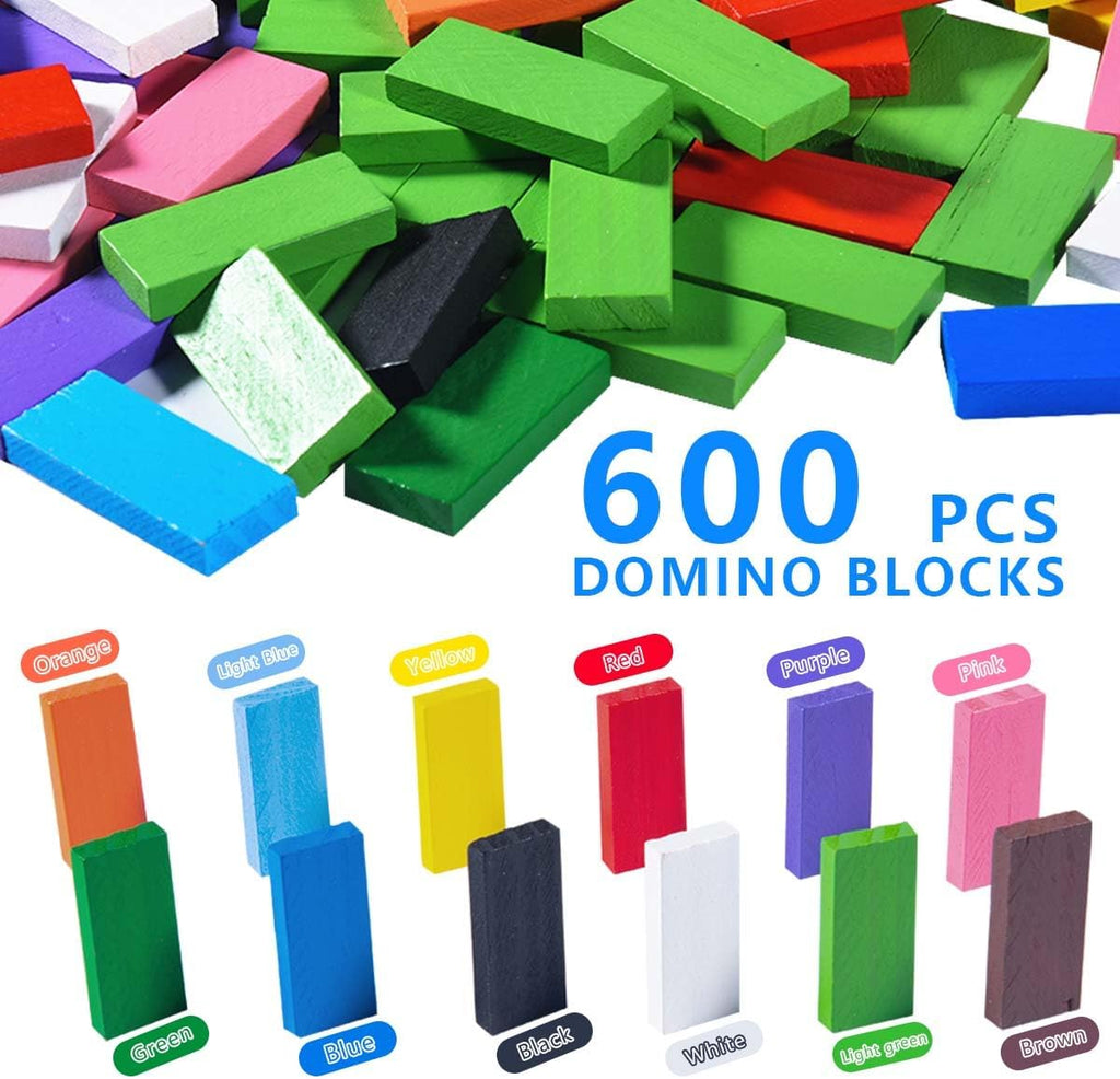 600 Pcs Colorful Wooden Domino Blocks Set Tile Bulk Building Racing Stacking Games Educational Toys for Kids Birthday