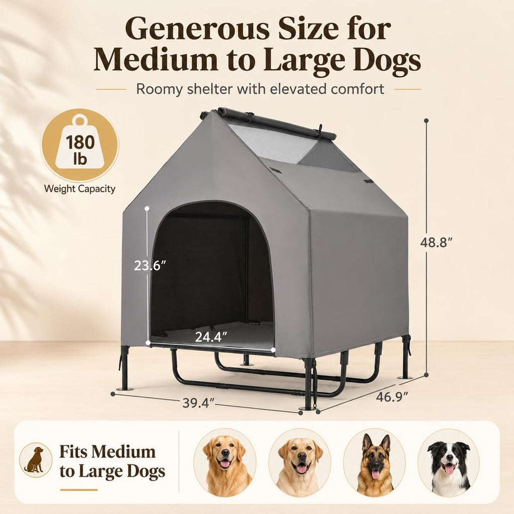48" Large Dog House Outdoor for Large Dogs, 2-in-1 Waterproof Dog House & Elevated Dog Bed with Removable Canopy