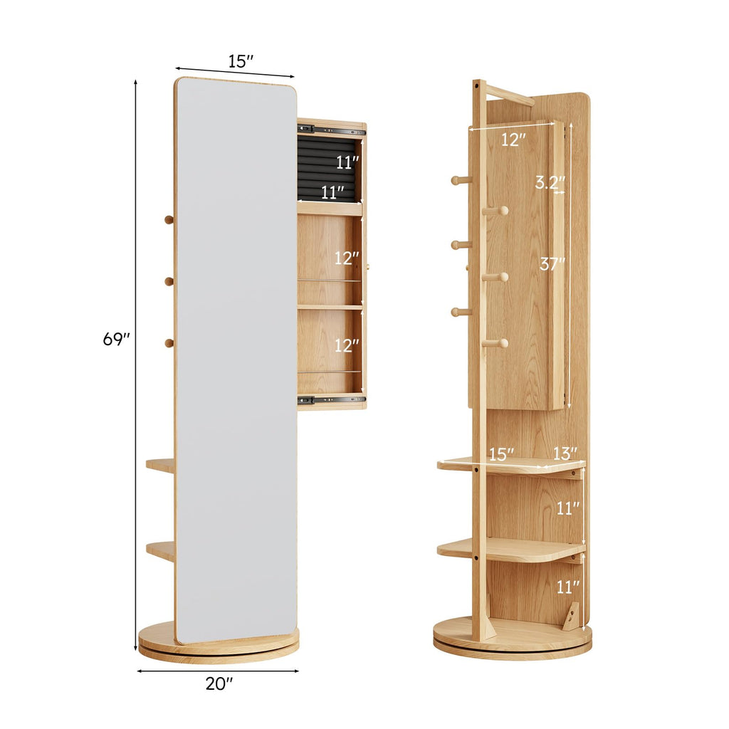 69" H×20" W Solid wood Mirror Jewelry Cabinet, 360°Swivel Jewelry Organizer, Jewelry Armoire Cabinet Standing, Full