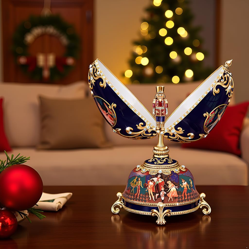 Nutcracker Ballet Musical Egg, Faberge-Style Porcelain Music Box, 22K Gold Accents, Limited Edition
