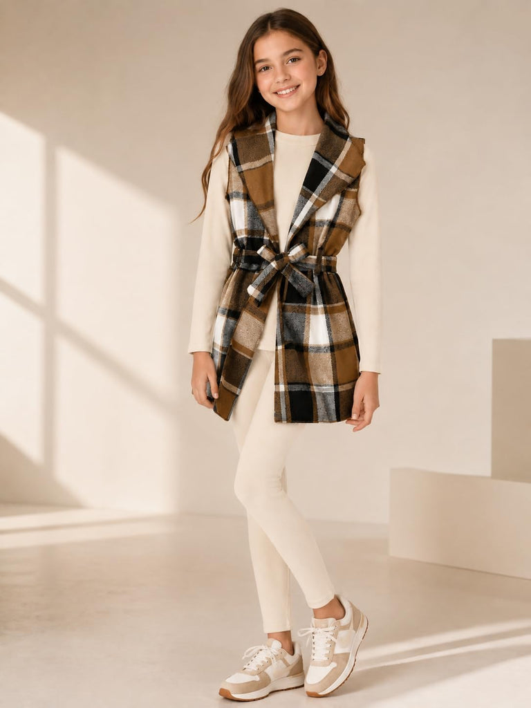 Tween Girls Clothes 3 Piece Outfits Plaid Flannel Belted Vest & Long Sleeve Top and Pants- Fall Clothing Sets