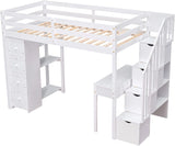 Loft Bed Twin with Desk and Storage Stairs, Space-Saving Wood Bed Frame with Drawers and Shelves