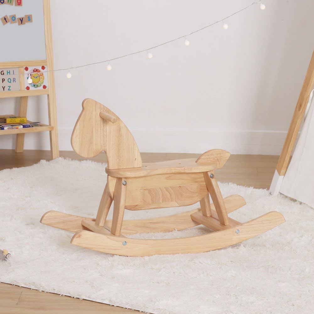 Natural Wooden Rocking Horse Funny for Toddlers (Ages 2-4) - Solid Rubber Wood, Smooth Surface for Creative