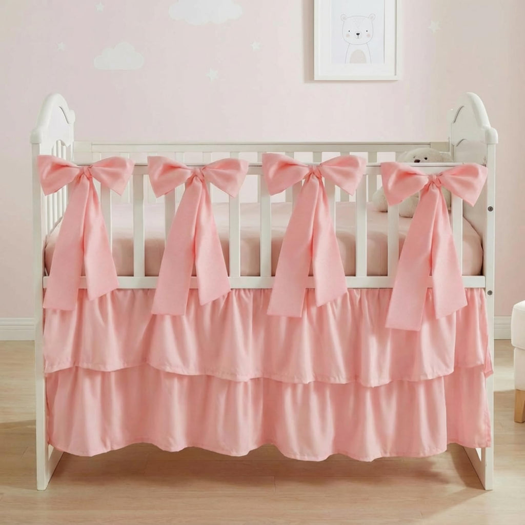 Pink Crib Bed Skirts with 4 Large Cot Bow 28" x 52", 14" Drop
