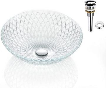 Tempered Deco Glass Luxuryhome Bathroom Sink in Crystal engraving Elegant | Top Mount Basin | Vanity Countertop Sink