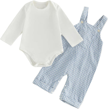 Newborn Infant Baby Boy Clothes Long Sleeve Romper Top Gingham Plaid Overall Pants Hat 3Pcs Fall Winter Outfits Set