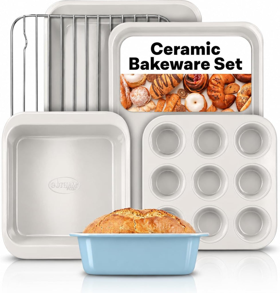 Nonstick Bakeware Set 6 Pc Stackable, Ceramic Pans Set, PFOA & PFOS Free Aluminum, Cookie Sheet, Cake, Muffin, Loaf