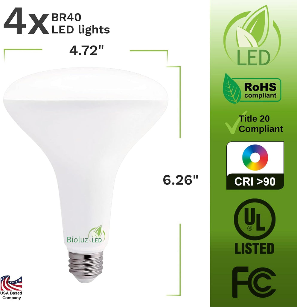 4 Pack LED Light Bulb BR40 Light Bulbs 2700K Warm White 90 CRI Dimmable UL-Listed CEC Title 20 Compliant 1250 Lumen