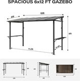 12x6 ft Hardtop Grill Gazebo, Outdoor Sloping PC Roof BBQ Patio Metal Gazebo with Shelves and Hooks