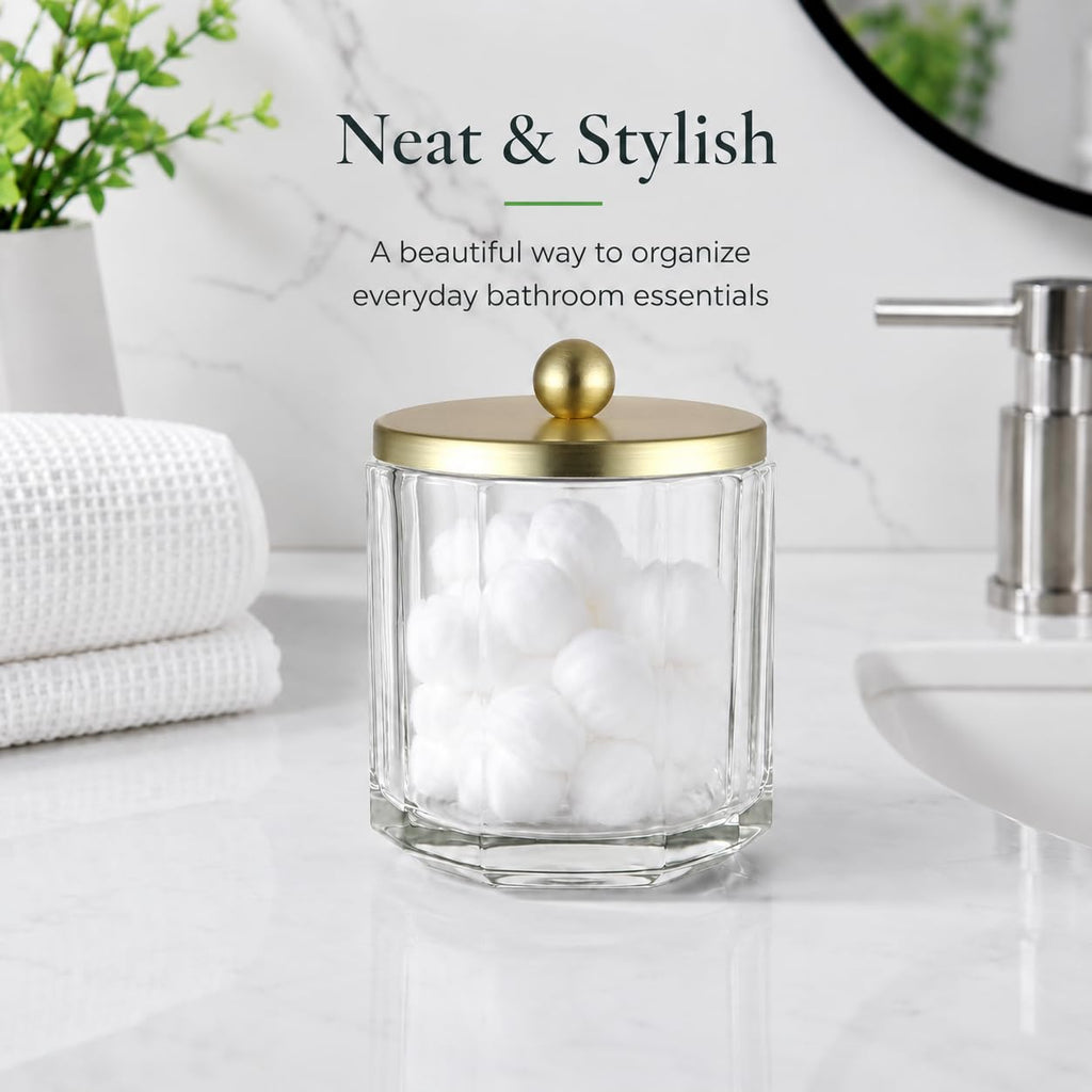 Clear Transparent Apothecary Octagional Shaped Glass Canister Jar With Gold Metal Lid Cover Organization, Cotton