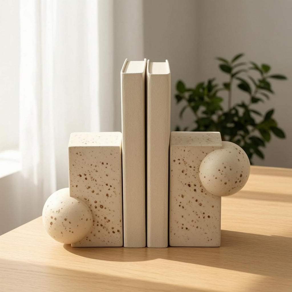 Sculptural Bookends Stone-Look Geometric Bookends Beige Decor for Study Desk