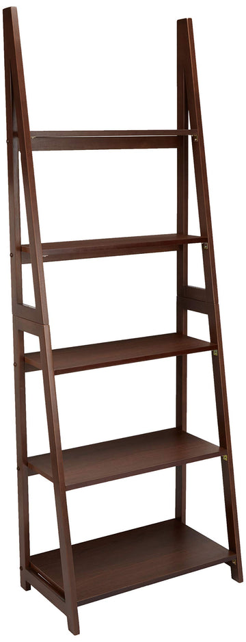 5-Tier Ladder Bookshelf Storage Organizer, Solid Rubberwood Frame, Space-Saving Bookcase, Sturdy Shelves, Walnut