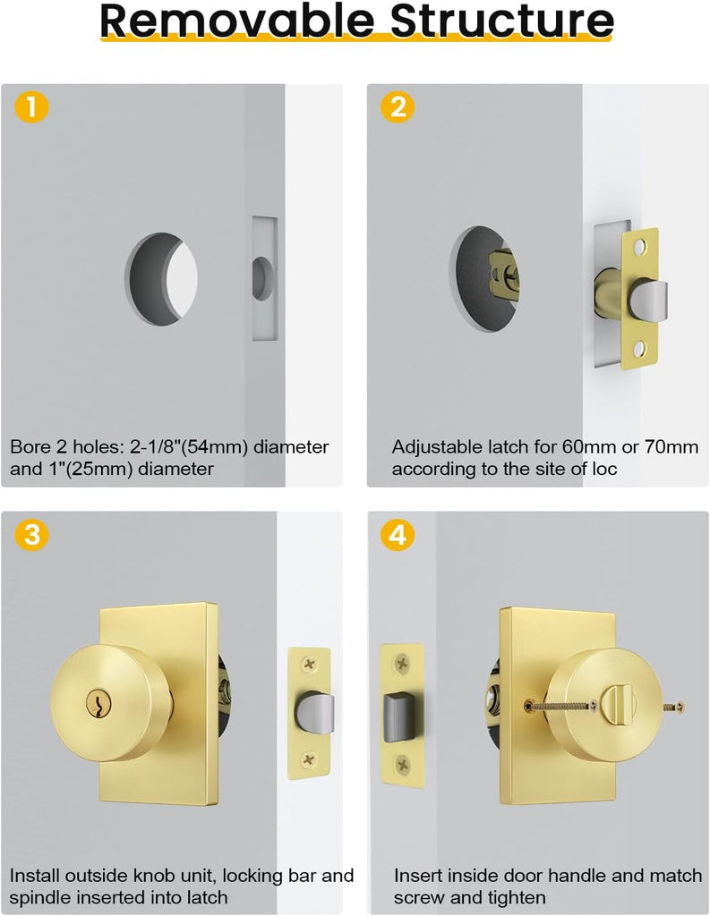 Brushed Gold Exterior Door Knob with Lock and Key 1 Pack