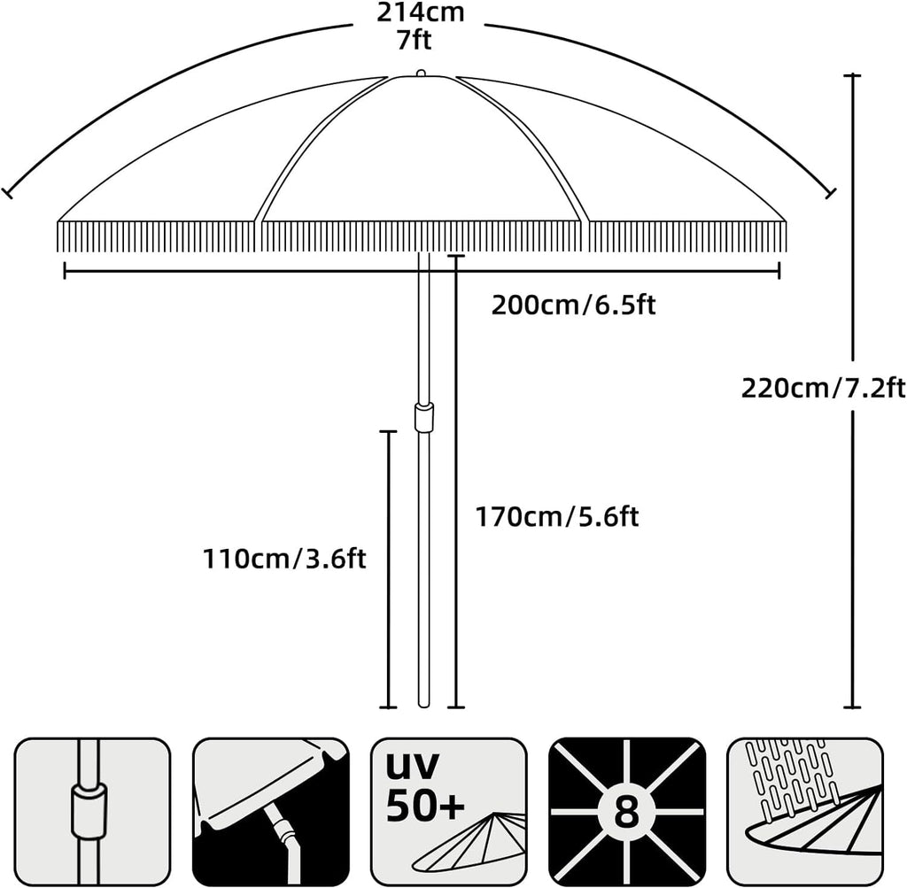 7ft Patio Umbrella with Fringe Outdoor Tassel Umbrella UPF50+ Wood Color Steel Pole and Steel Ribs Push Button Tilt