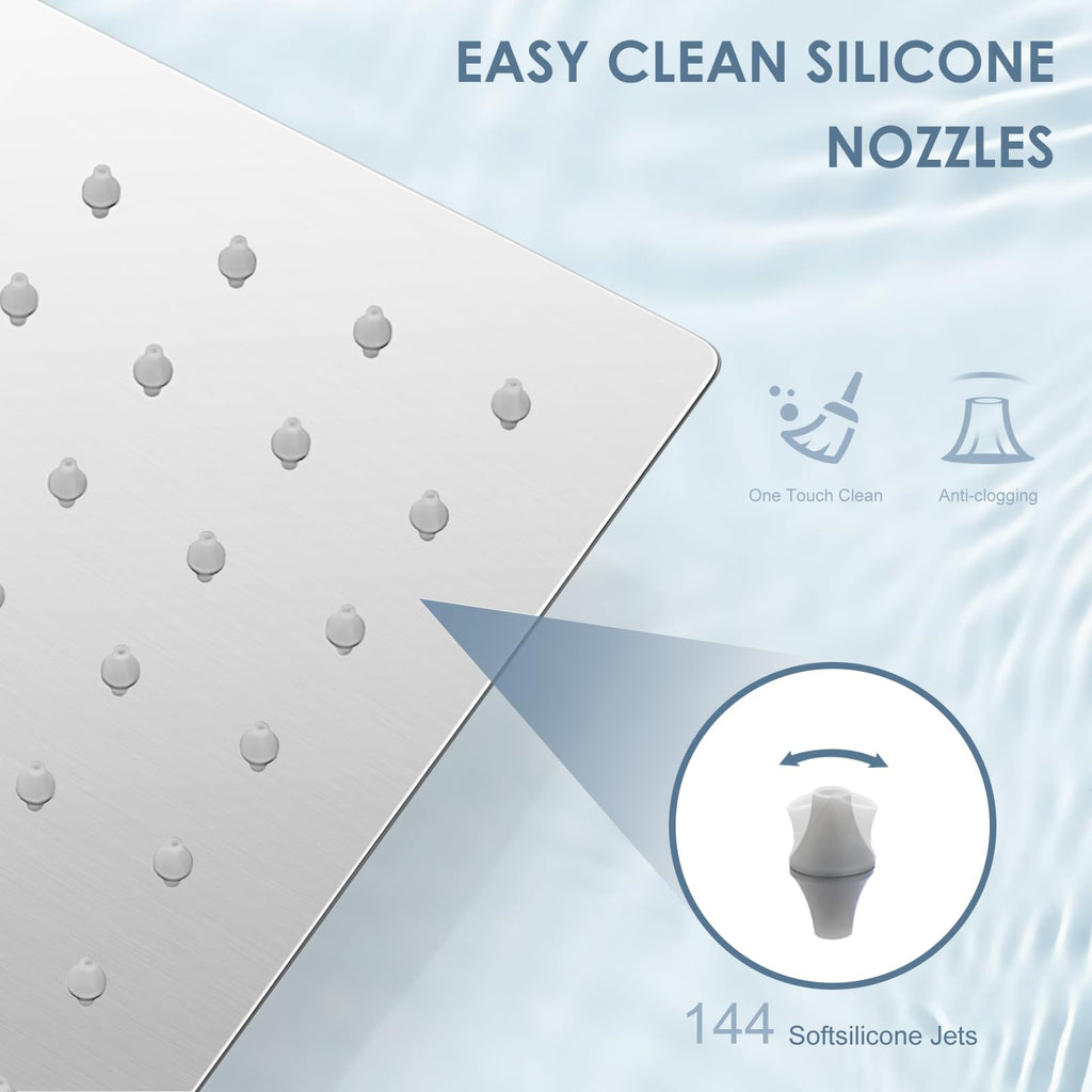 12 inch Brushed Nickel Rain Shower Head - All Metal 304 Stainless Steel, Full Body Rainfall Shower with 144 Silicone