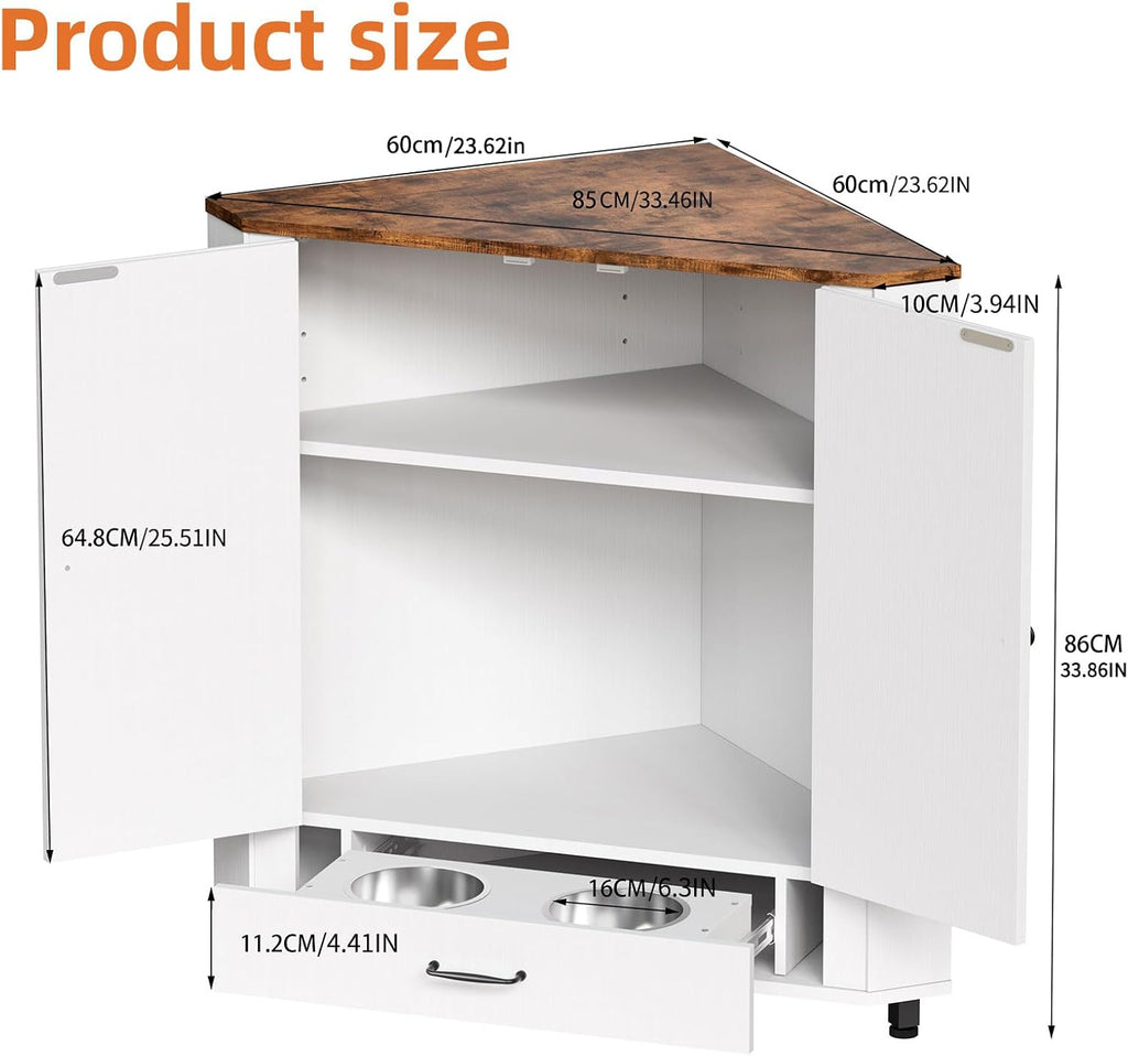 Corner Dog Food Storage Cabinet, Dog Feeding Station with 2 Hidden Bowls, Adjustable Panel, 4 Hooks, Pet Feeding