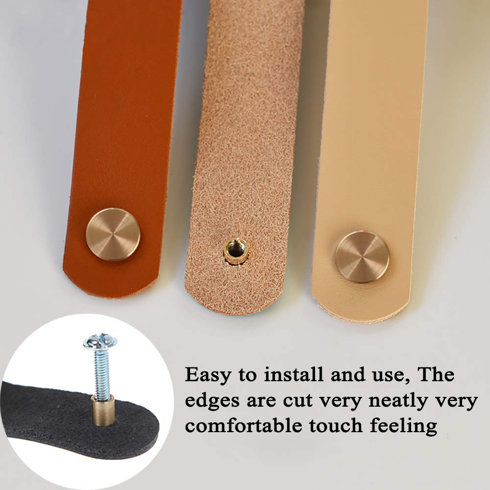 6 Pieces Leather Pulls for Drawer, Handmade Leather Drawer Pulls Cabinet Dresser Door Handle Knobs with Screw, Light