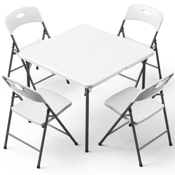 Table and Chairs Set for 5, 36 Inch Foldable Plastic Table with Carry Handle & 4 White Folding Chairs, Portable
