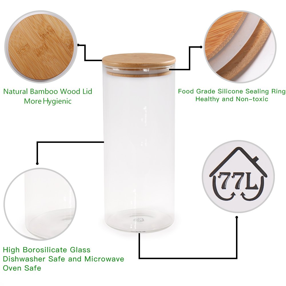 Glass Coffee Bean Container, 52.36 FL OZ (1550 ML), [Thickened Version] Glass Food Storage Jar with Airtight Seal