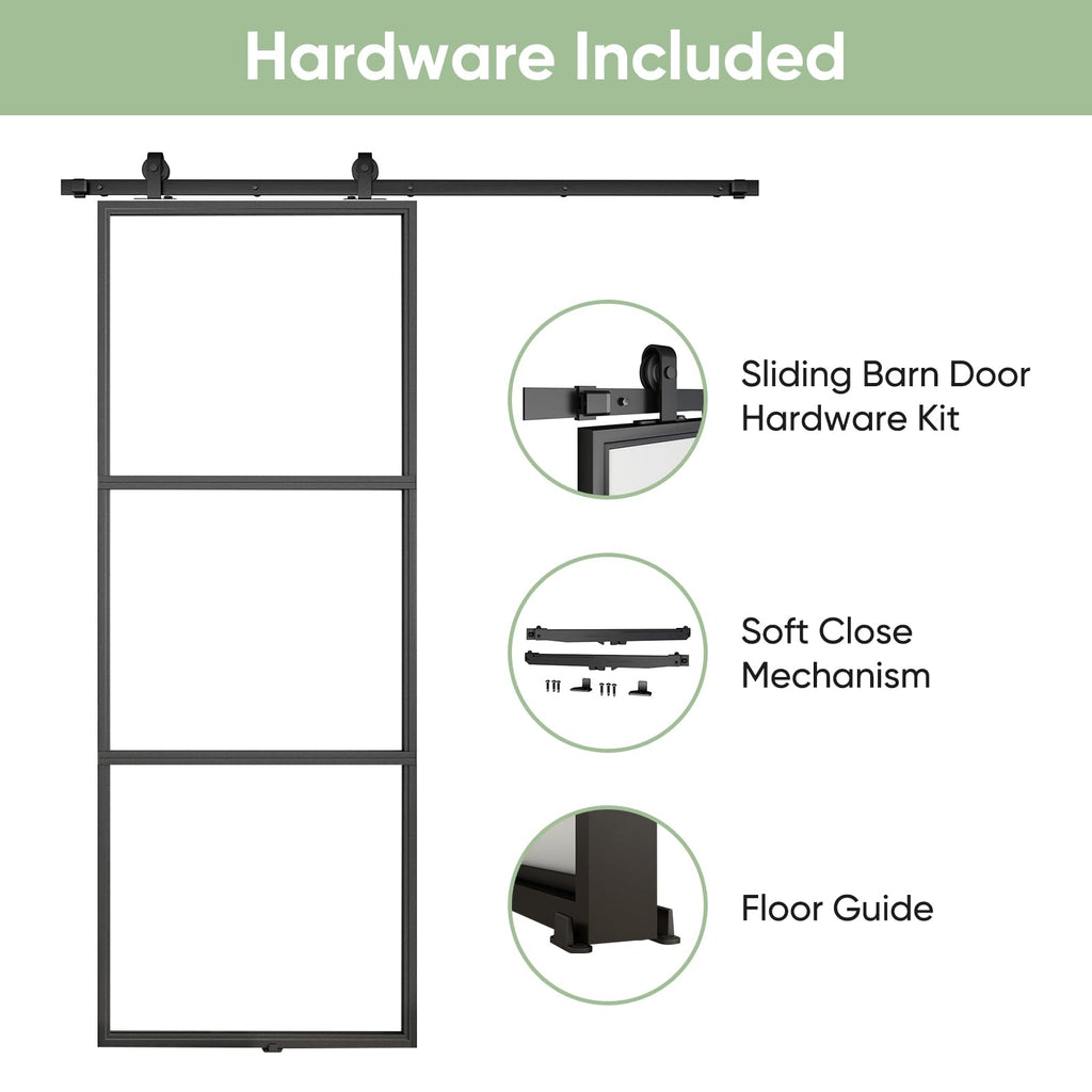36in x 96in Metal Frosted Glass Barn Door with 6FT Hardware kit