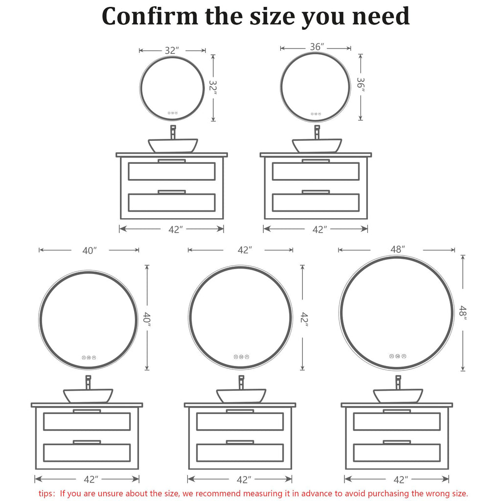Round LED Bathroom Mirror, 36 Inch, HD Shatterproof Tempered Glass