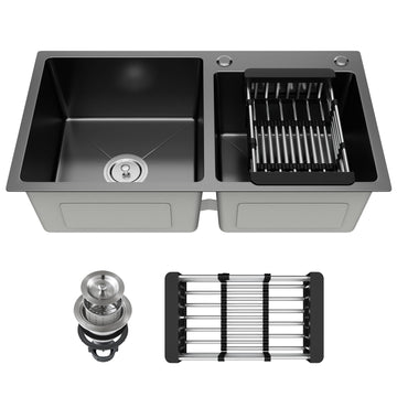 31"" x 18"" Black Double Bowl Kitchen Sink, Drop-in/Topmount Overmount Kitchen Sinks Basin with 304 Nano-Coated and