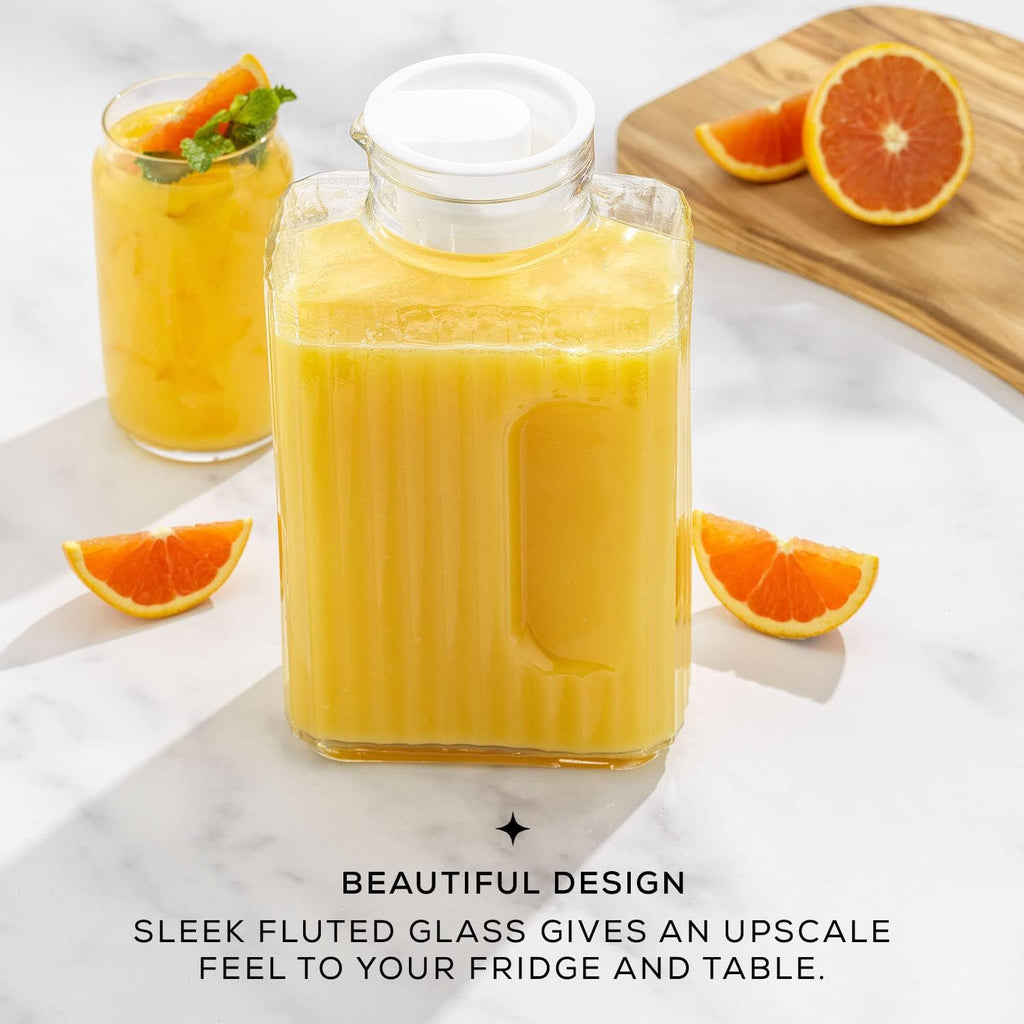 68oz Glass Pitcher with Lid (2 Lids), Rectangle Beverage Serveware and Storage Container for Cold Drinks and Liquids