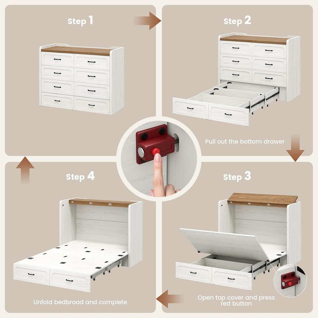 Queen Murphy Bed with 4" Trifold Mattress, Farmhouse Murphy Cabinet Bed with Storage Drawers, Charging Station &