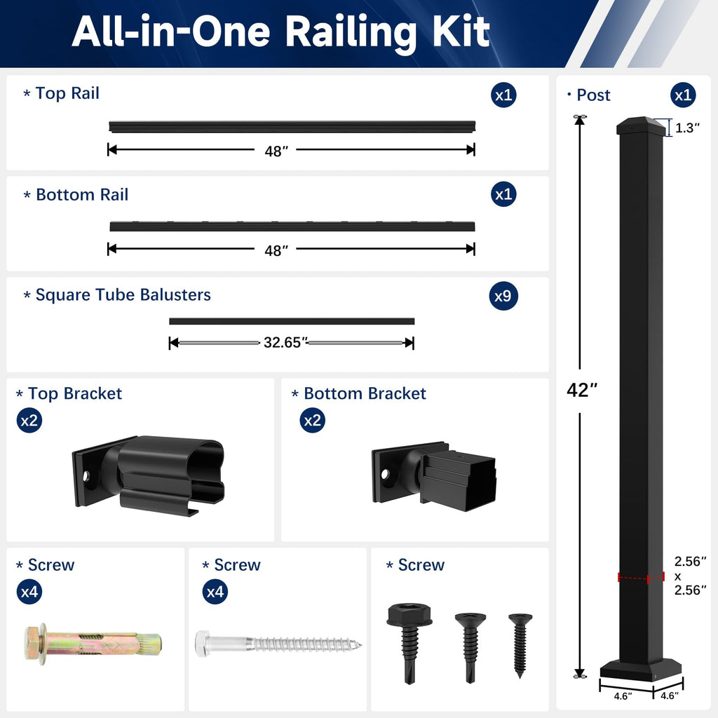 Modular Aluminum Stair Railing Kit, 42 in x 4 ft Black Step Railing