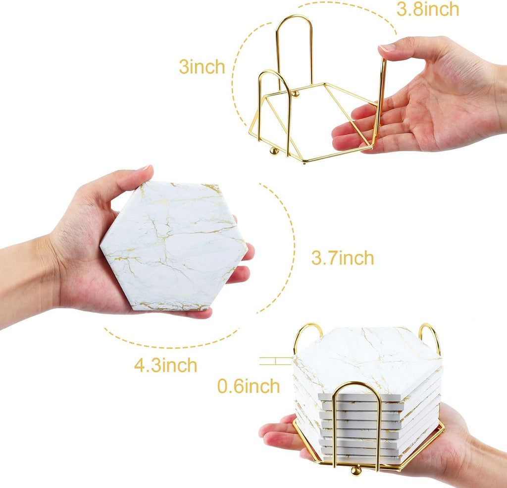Marble Coasters for Drinks Absorbent with Cork Base, Drink Coasters for Wooden Table with Metal Holder, Gold - Set of 8