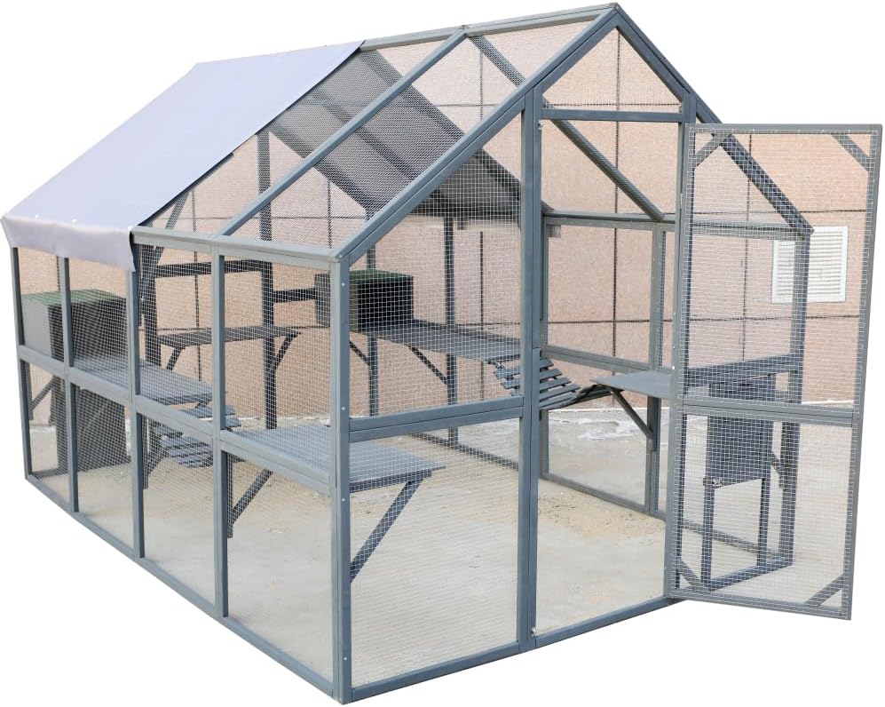 Large Wooden Cat Enclosure for Outdoor Use with Roof Cover, Bridges, Walkways and Cozy Houses for Cats to Play