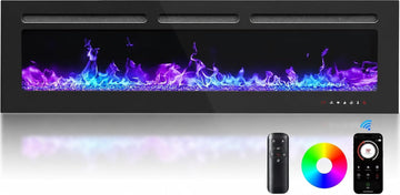 50-Inch Smart Electric Fireplace, Ultra-Slim Wall-Mounted or Recessed Fireplace Heater with 1400W Heat, WiFi App &