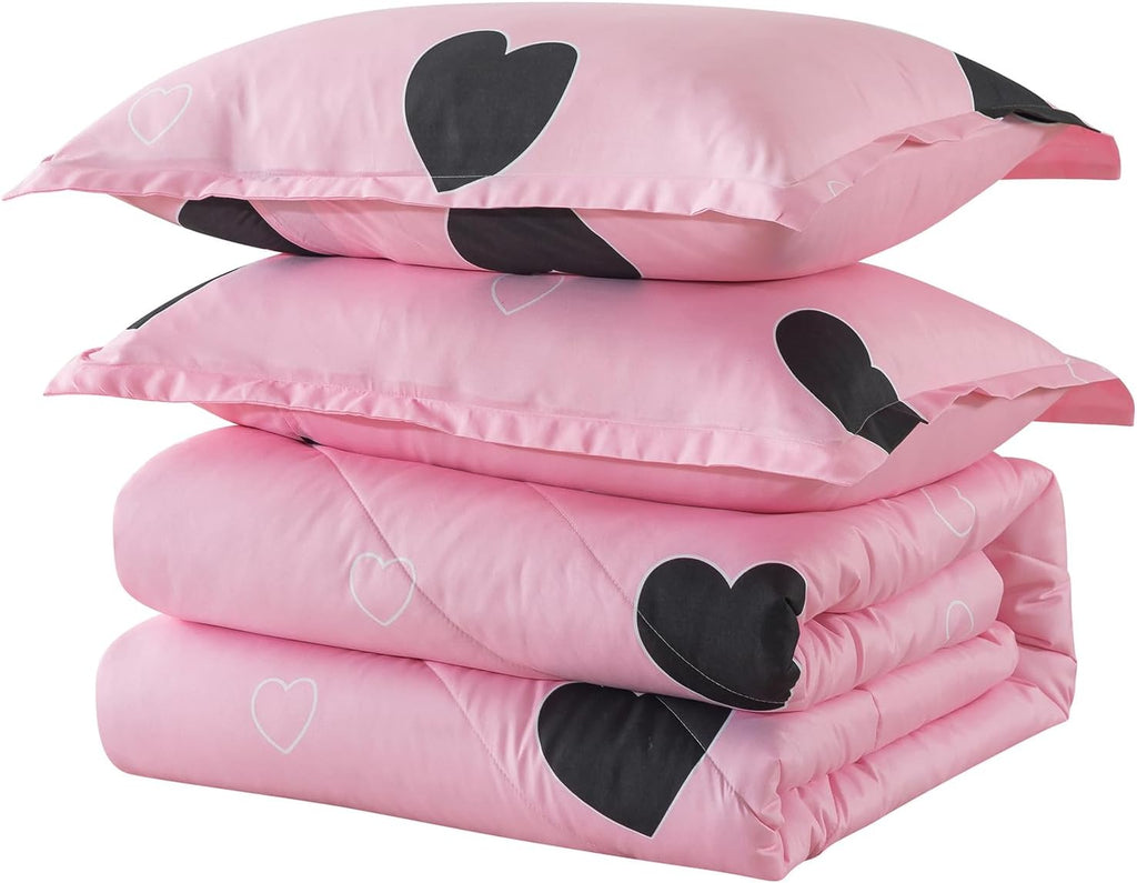 Girls Pink Comforter Set Twin - Blush Pink Cute Love Heart Print Comforter Bedding Set for All Seasons, Geometric