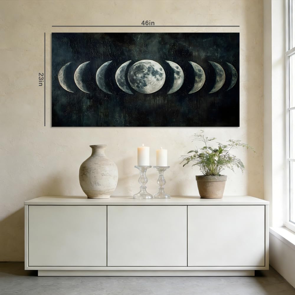 Moon Phase Canvas Wall Art Lunar Cycle Celestial Painting Flat Print Gallery Wrapped Dark Moody Artwork Bedroom