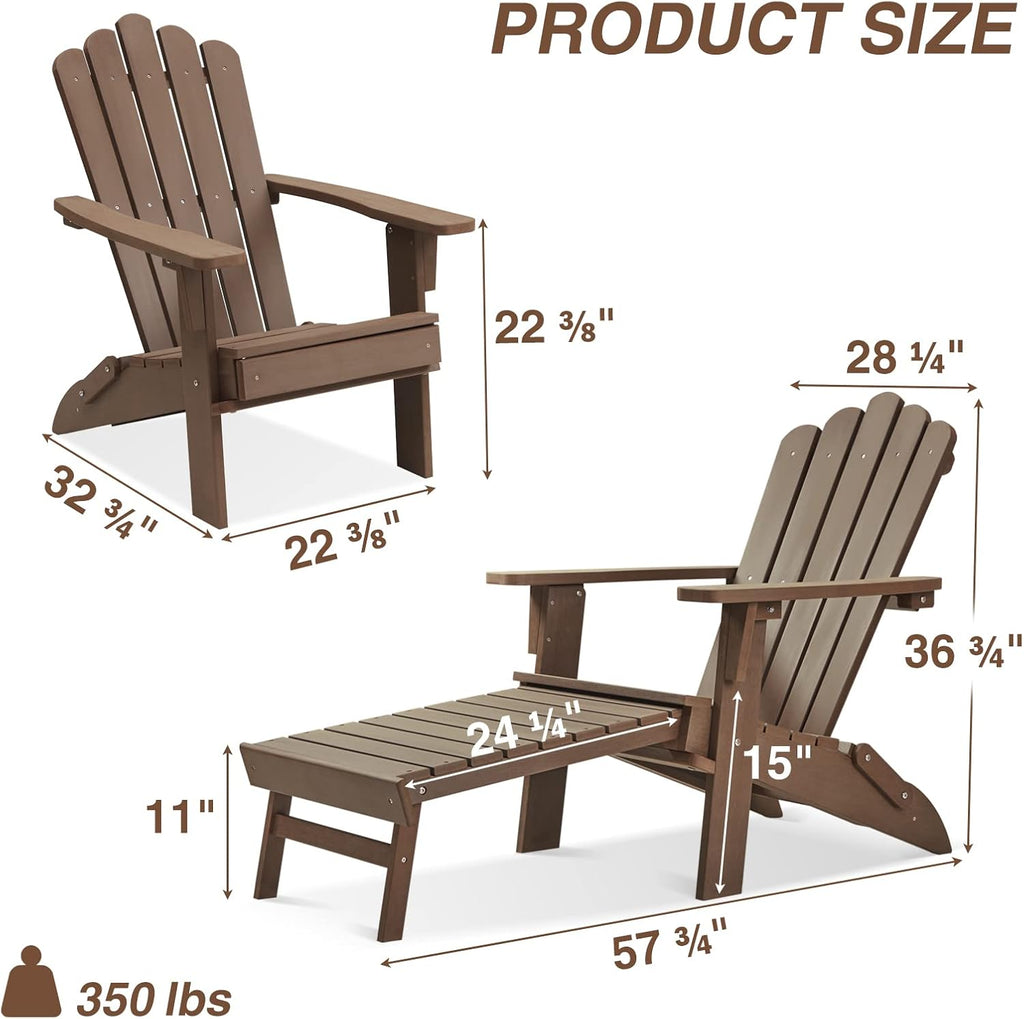 Folding Adirondack Chairs with Retractable Ottoman, Dark Brown | 350Lbs Support, All-Weather Resistant, Patio Chairs